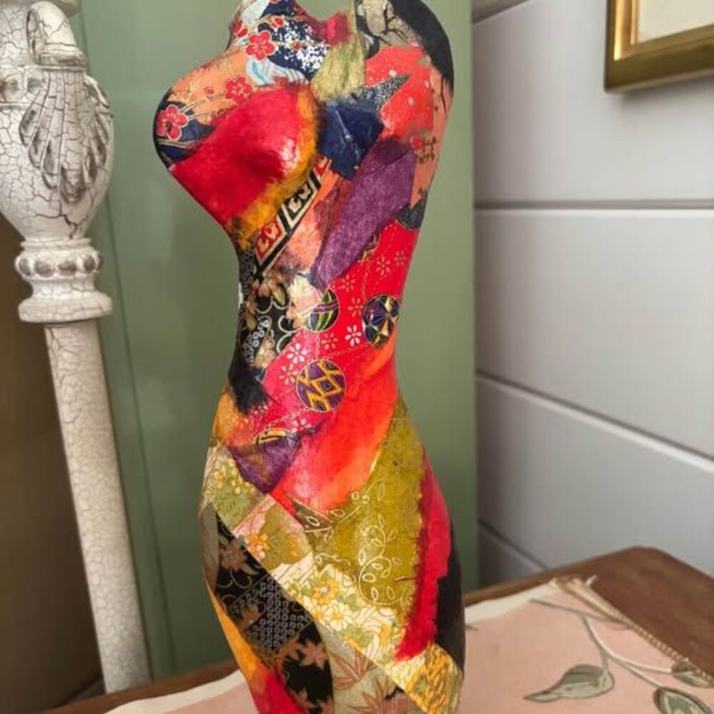 Japanese Decoupage Ceramic Torso Sculpture Chiyogami Paper Artist Signed